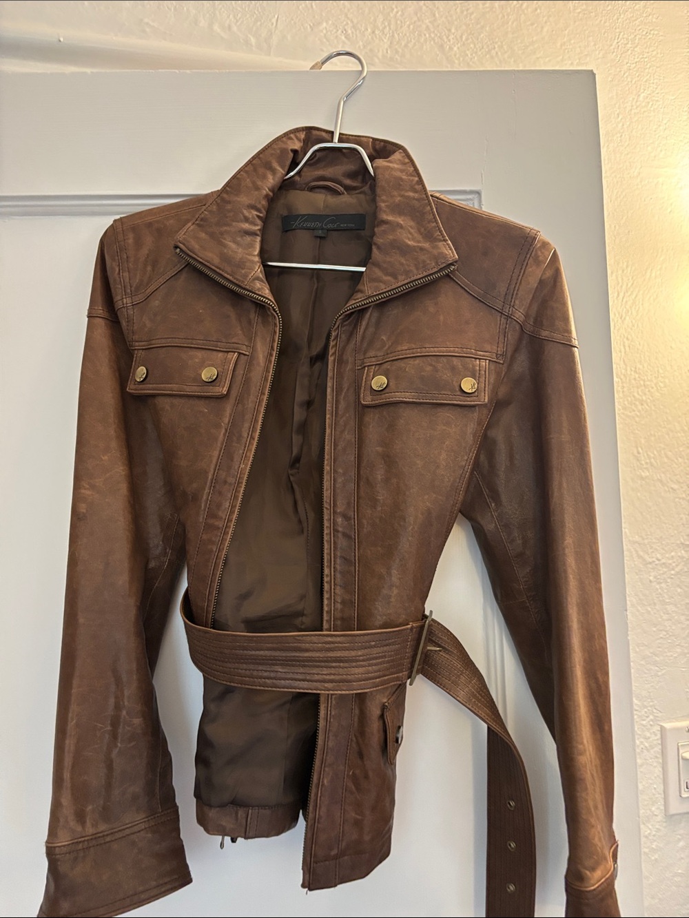Kenneth Cole Brown Leather Belted Jacket